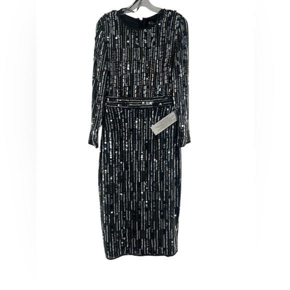 NWT Mac Duggal Embellished High Neck Long Sleeve Fitted Midi Charcoal Dress 8 - Picture 6 of 8